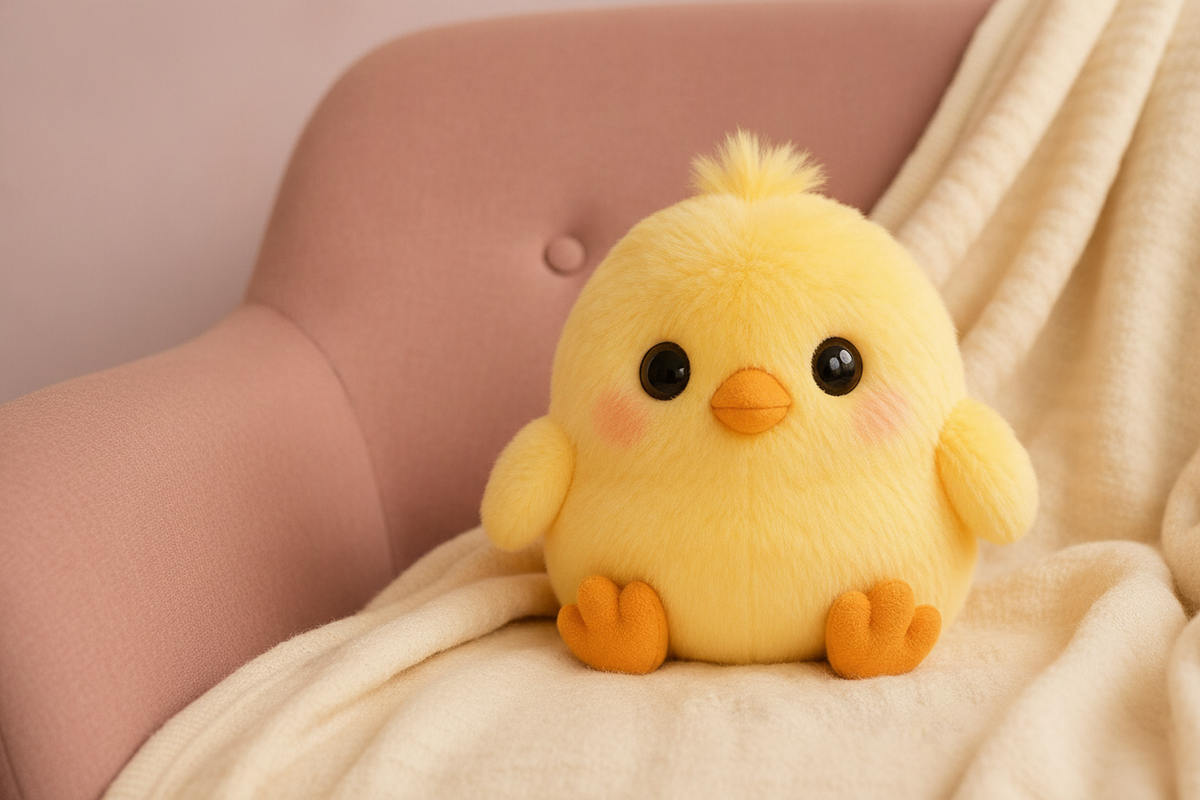Golden Chick Plush with fluffy fur and large eyes, sitting on a warm cream blanket on a dusty rose armchair, with a pale mauv