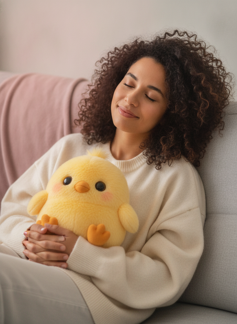 A woman with dark curly hair sits on a gray sofa, holding a Golden Chick Plush on her lap with her eyes closed in a relaxed s