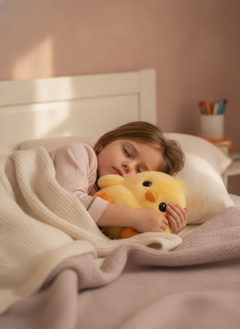 A little girl in bed, peacefully asleep, hugging a golden chick plush toy. The room has soft cream and dusty rose tones.