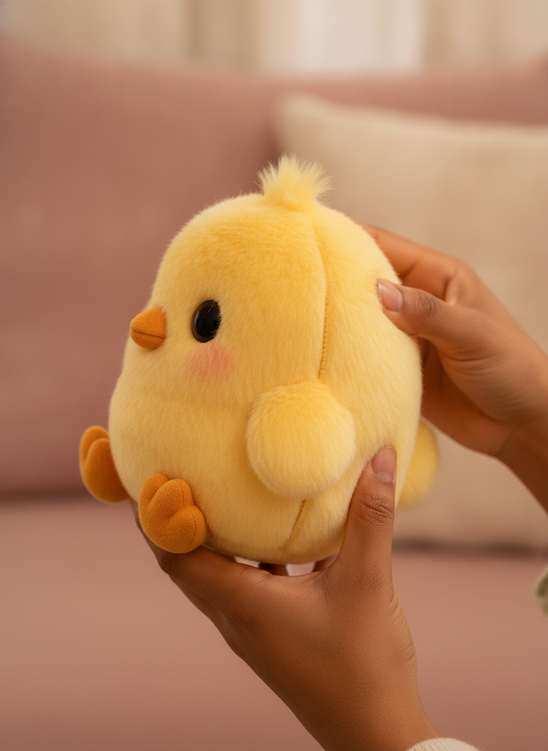 Hands gently hold a golden yellow chick plush, examining its durable stitching in soft, natural daylight.
